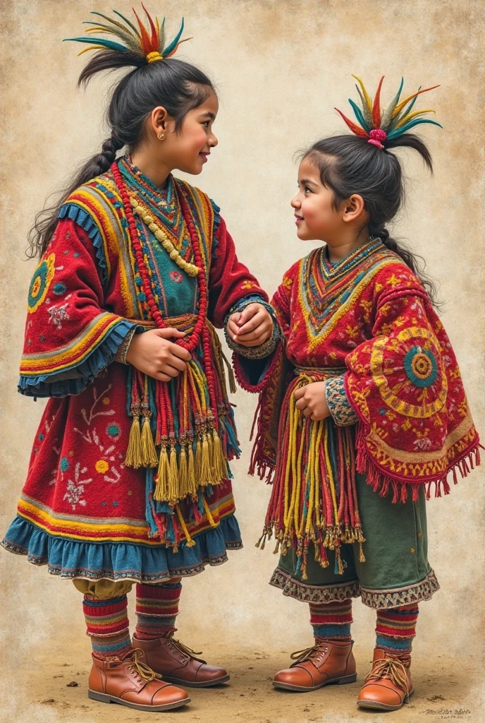 A girl and a boy in Bolivian sambo caporal dance costumes.
In full frontal shot.
With the left half of the clothes black and the other half dark green.
With golden details in the clothes, of the dance sambo corporal.