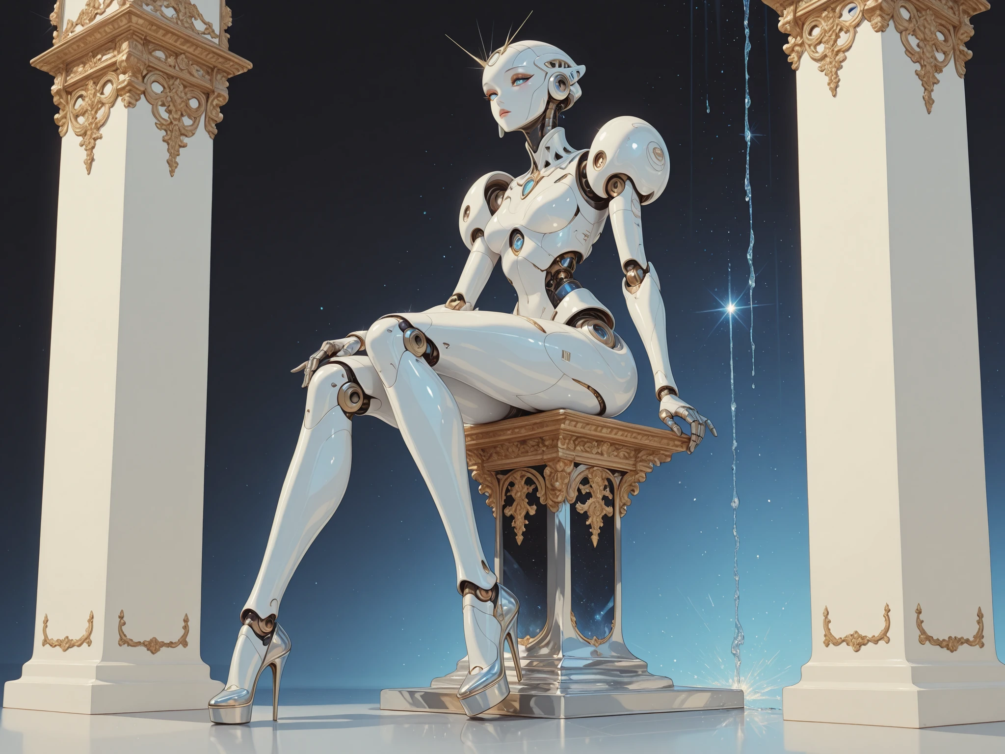 A futuristic female humanoid robot sits elegantly atop a dripping pedestal that transitions from vibrant blue to a creamy white. Her sleek, metallic body gleams with a silvery finish that reflects the soft ambient light, highlighting the well-defined curves and intricacy of the robotic joints. The design of her limbs emphasizes smooth, seamless lines with articulated joints at the shoulders, elbows, and knees. Her fingers are delicately poised on the edge of the pedestal, complementing her relaxed yet poised posture. The robot's feet are encased in high silver stilettos, adding a touch of sophistication to the overall look, while her synthetic skin-toned toes are just visible, suggesting a blend of artificial and organic aesthetics. The scene evokes a sense of modern elegance and high-tech artistry, combining elements of traditional beauty with cutting-edge technology.