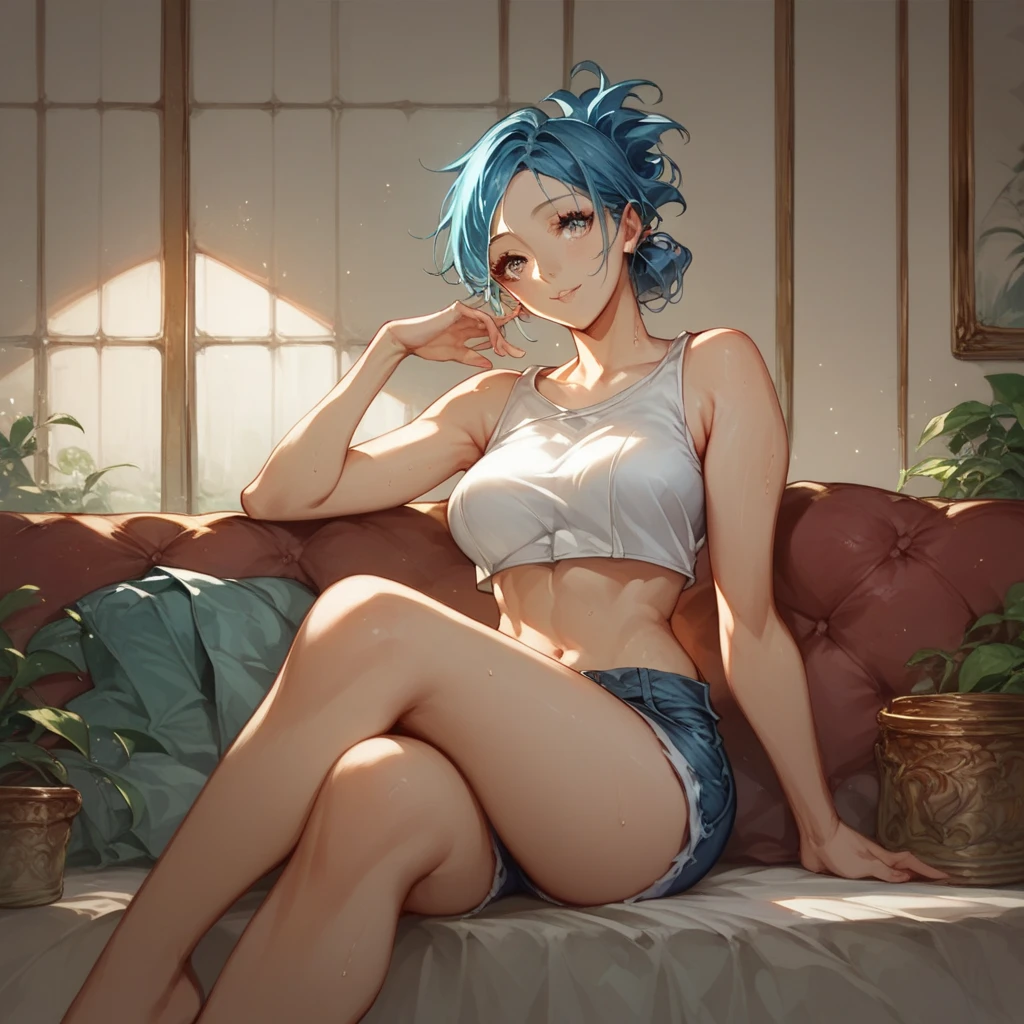 ((Cinematic light, Best quality, 8k, Masterpiece :1.3)), 1girl, Beautiful woman with thin abs :1.4, (purple hair, small breasts :1.3), rope panties, bra :1.2, hopefully falling, seductive open lips, sofa, ultra-detailed face, detailed eyes, double eyelidmasterpiece, best quality, Neeko, hair ornaments, hair flower, body paint, calango tail, trying to be sexy, (((micro bikini))), (((enormous boobs)))), in the forest