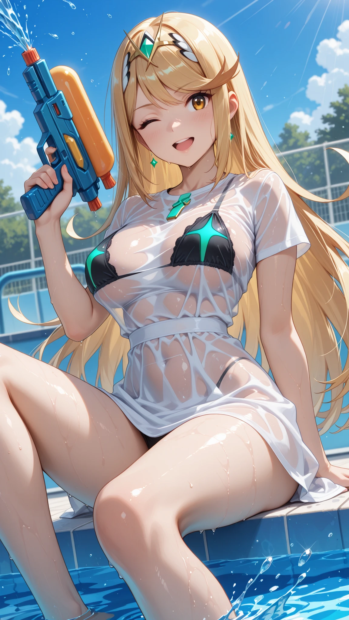 1girl, solo focus, momosuzu nene, middle breasts, green eyes, blond hair, shiny hair, beautiful detailed cold face, seductive smile, angry, complex details beautiful and delicate eyes, bare shoulders, white skin, hair ornament, (((T-shirt))),see-through white coat, swim ring, swimsuit, beautiful bare back, sandals, skindentation, collarbones, bare legs, beach, beautiful detailed sky, White sand, tree, very precise detailed, absurdres, extremely detailed, 16k wallpaper,
