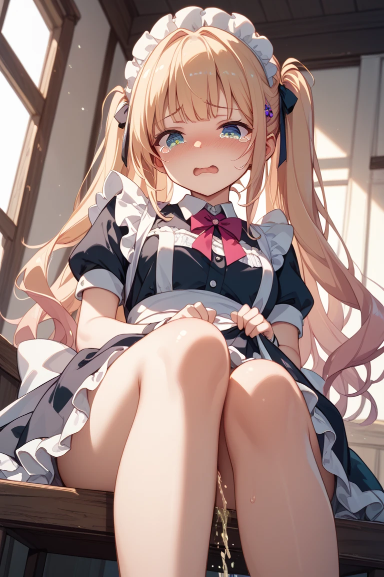 girl girl ((masterpiece,best quality)), (alice in wonderland), lemon yellow hair, wavy hair, tew side up, ribbon hair ornaments, blue eyes, squatting, peeing self, peeing, large puddle of pee, (arms between legs), (hands on crotch), wet legs, (nose blush:1.8), trembling, full body shot, looking down, outdoors,