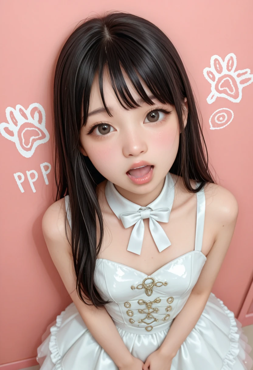 White sweater mini dress,bare shoulder,oollarbone,open mouth,tongue out,cum on tongue,Sitting on a black sofa,looking ahead,from above,flont view,face focus,(1girl,Beautiful 16 year old girl),((Slender,Small breasts,Small face,)),looking at viewer,Black Hair,bangs,straight,Beautiful and detailed,Expressionless,Dimly lit room,Simple Background,Black Background,Low lighting