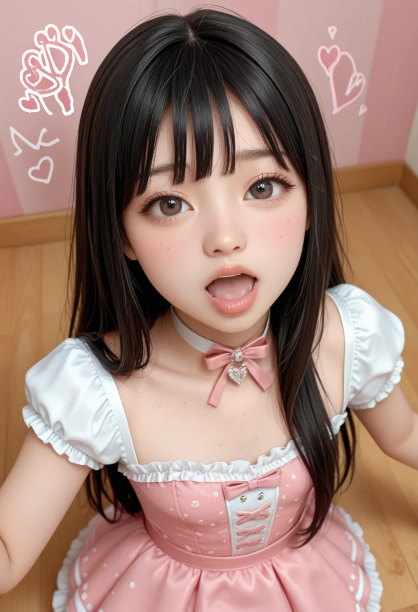 stick out wet pink tongue、Glossy red lip gloss