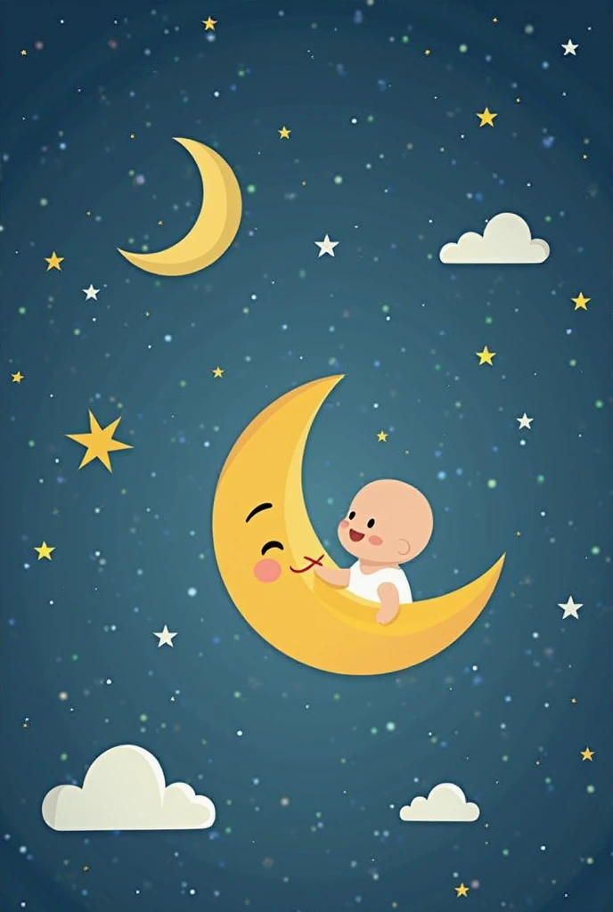 Full moon night with a tree in front of moon fino landscape mode 16 : 9 moon has eyes and mouth with a smile face and a baby looking him sitting on ground