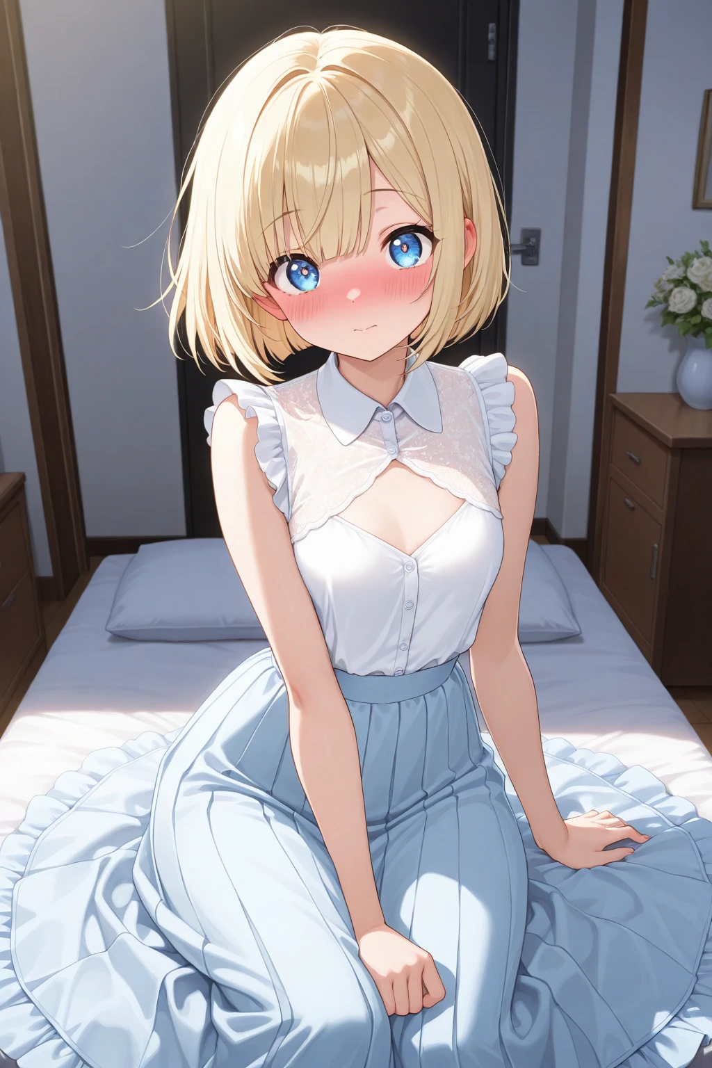 best qualityer, work of art, breasts small, ssmile,  standing alone, anime styling, grBunda, blue colored eyes, detailedeyes, medium hair, hair blonde, loose hair, bangss, bedroom, underwear, sitting on bed