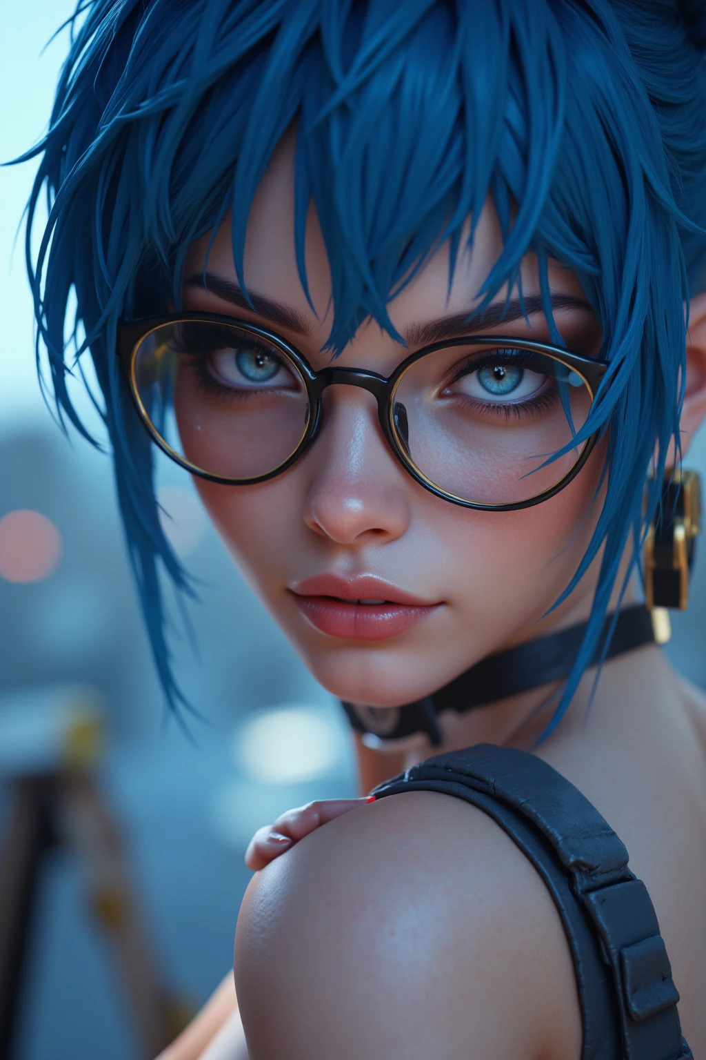 Brown hair, cyberpunk, blue hair, breast, split, сексуальны,, and also wear round black glasses. ((show your hard red nipples))