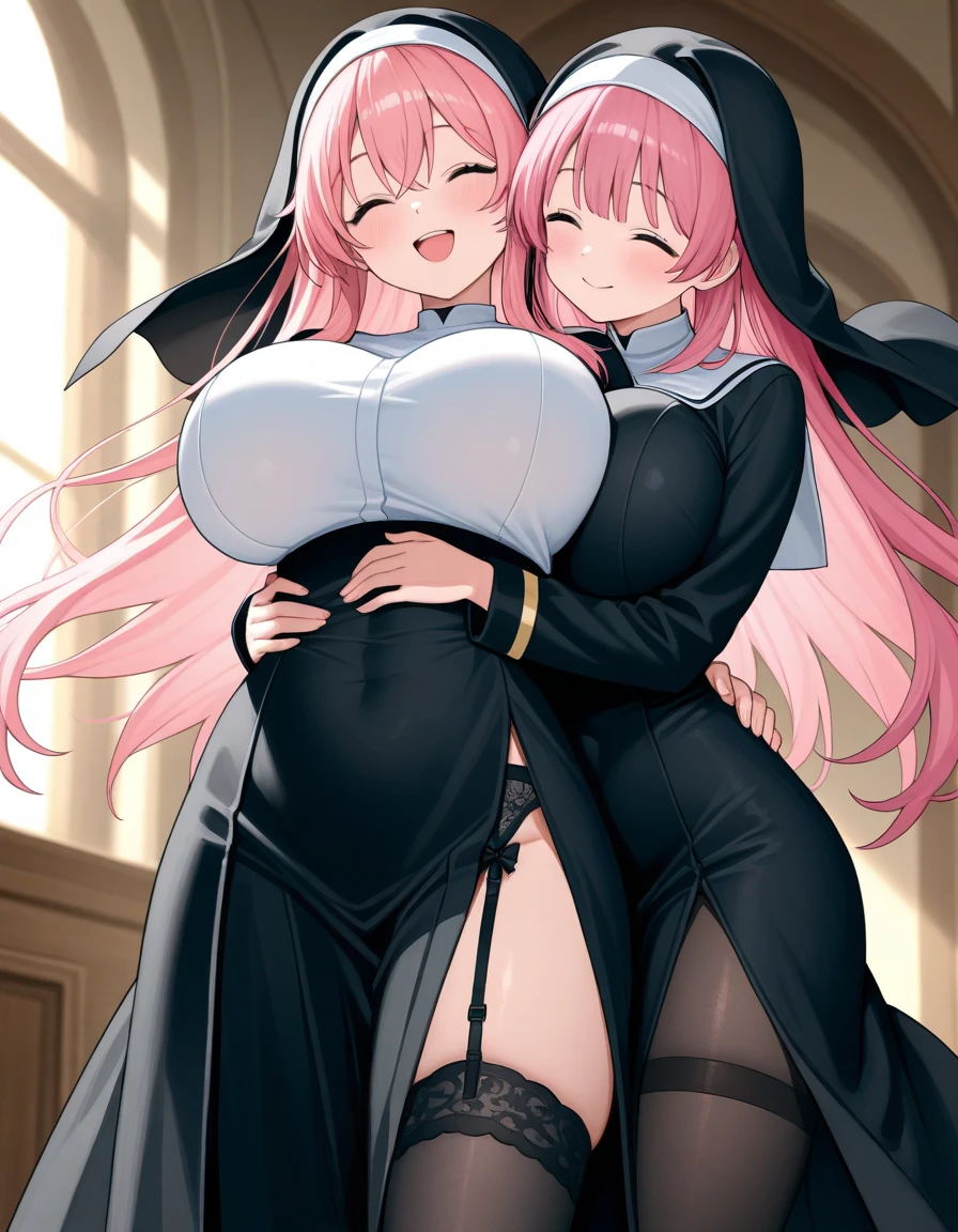 houshou marine,usada pekora,2girl,long hair,Females in heat,blush,gigantic huge breasts,nun costumes,looking at viewer,Taken from the viewpoint above,upturned eyes,near,standing up,church