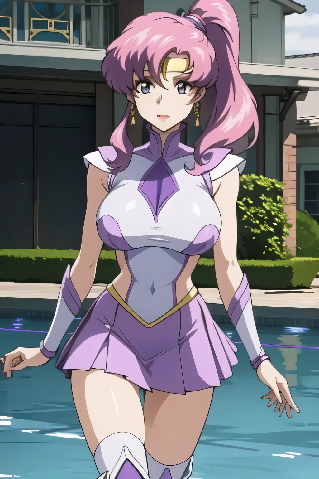 Close-up of a woman with long purple hair, Brown eyed woman, solo, Big Breasts, had very large breasts, Made by Anime Artist Studio, Boobs, clothing:Purple leotard, A woman is standing, leotard with an purple, Anime Style, Muscular Woman, feminine and muscular, Skin-tight leotards, tall, High school girls, Adult sex appeal, Wore pantyhose, Anime dick!!!!, Skin tight pantyhose, leotard top with an tank top, leotard bottom with an high leg,pantyhose with an brown, Bare shoulders, Bare Arms, Leotard and pantyhose only, Cowboy Shot, looking at viewer, Female focus,