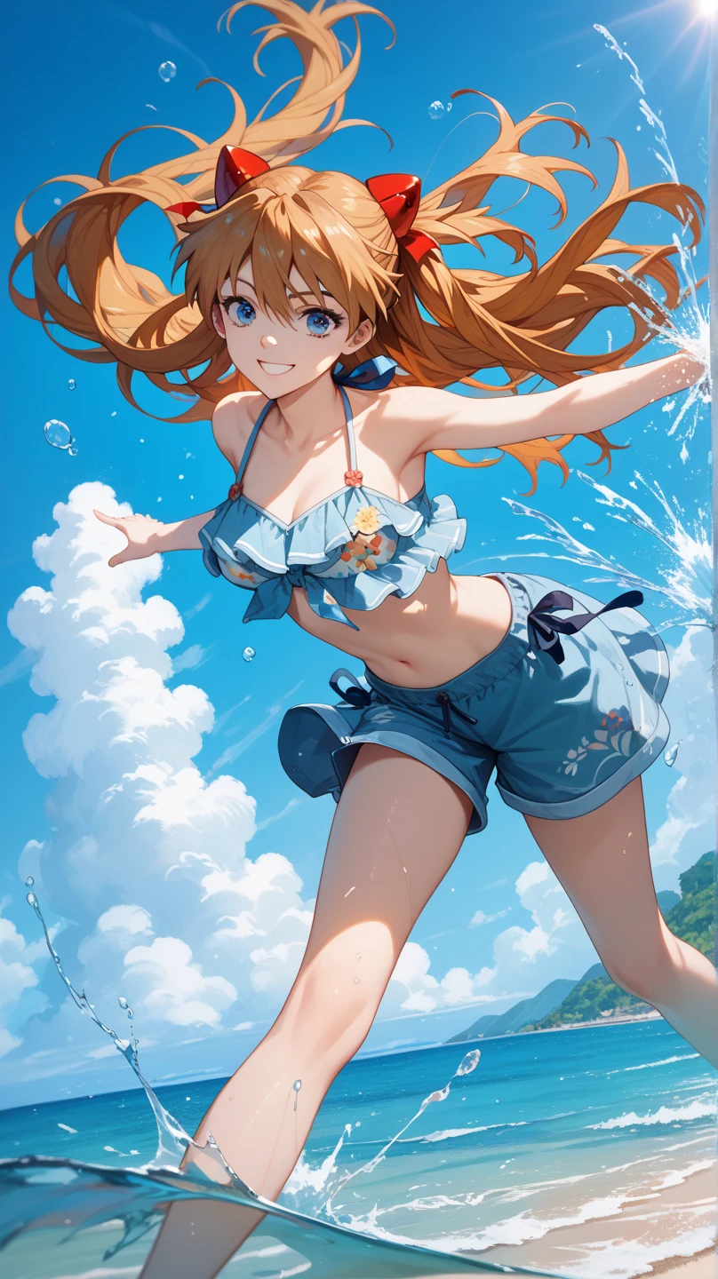 A cute blue bra that is visible through a long white dress shirt、She holds her skirt in her mouth and shows off her cute blue underwear、Bare feet and sandals、Standing posture、Sandy beach, sea, cumulonimbus clouds and blue sky