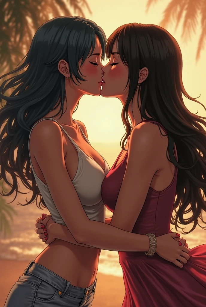 Naked lesbian women kissing in bikinis holding each other&#39;s waists blushing big breasts rubbing legs intertwined scissors