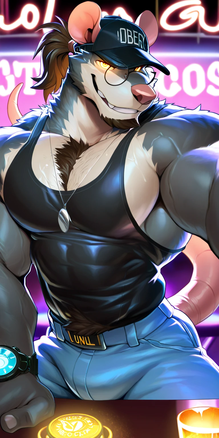 Alaskan Malamute Dog, muscular, furry, with face covered, black hooded sleeveless shirt, blue underwear