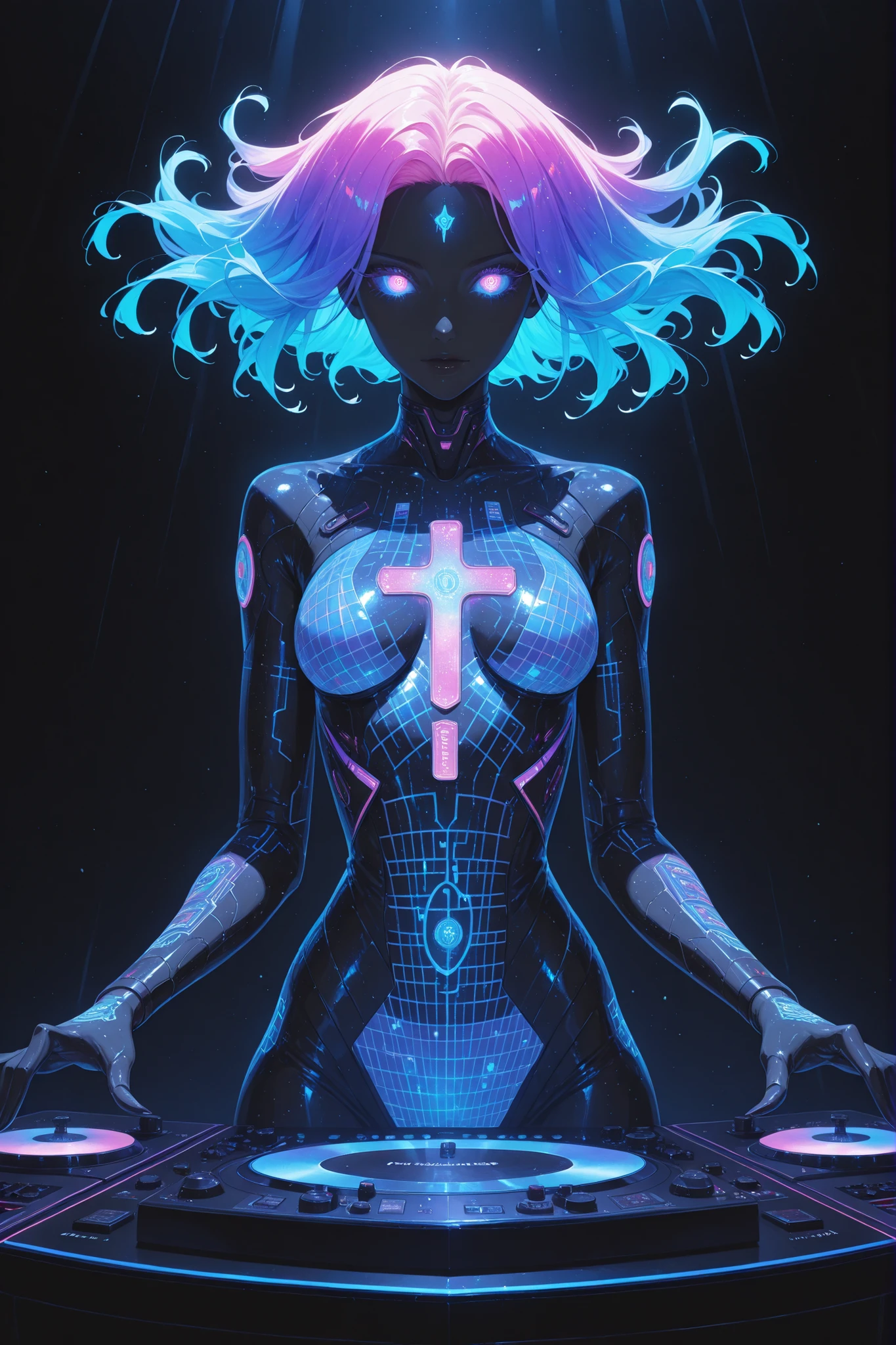 glowing eyes, colourful glowing hair, gradient hair, dj set, anime style, high detail, Futurism, glowing light, UHD, retina, masterpiece, ccurate, anatomically correct, textured skin, super detail, high details, high quality, award winning, best quality, highres