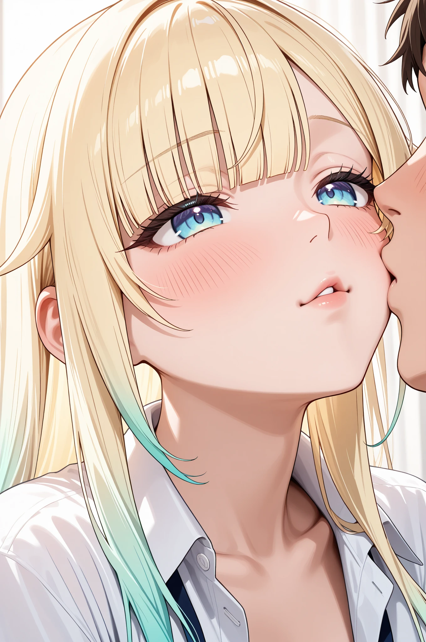 ((highest quality、High resolution))、Blonde、、(A beautiful girl gives a  to a boy)、、