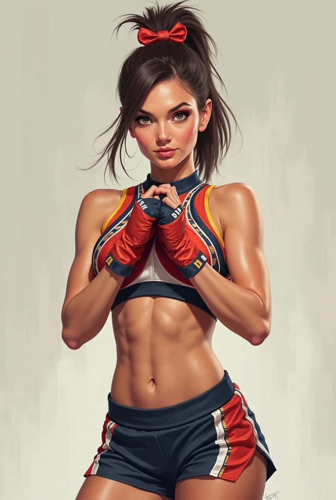 1girl in, (8K, Raw photo, Best Quality:1.2), (Realistic, Photorealsitic:1.37), Solo,Ultra-detailed,Female boxer,Teenage girl, (Detailed beautiful face)small head,Cute face, Large breasts,Trained abs,nice legs, (Detailed realistic skin),shiny skins ,Wet skin,Sweat,  Sporty,boxing uniform,Straight punch,At the boxing competition venue