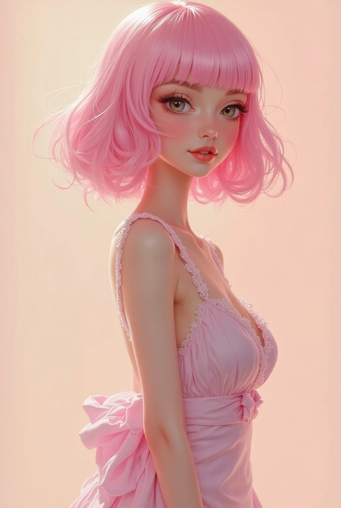 big detailed aqua eyes, pink hair, (aqua eyes), Official art, Unity 8k Wallpaper, Ultra-detail, Beautiful and aesthetic, masterpiece, Best Quality, 1girl, big tits, Extremely detailed, elegant, vivd color, romanticism, arms behind back, street fashion, shiny skin, sexy pose, ((pink background)), heavy blushing, upper body, straight on, (cleavage), perfect thighs, standing, casual, funky graphic design,