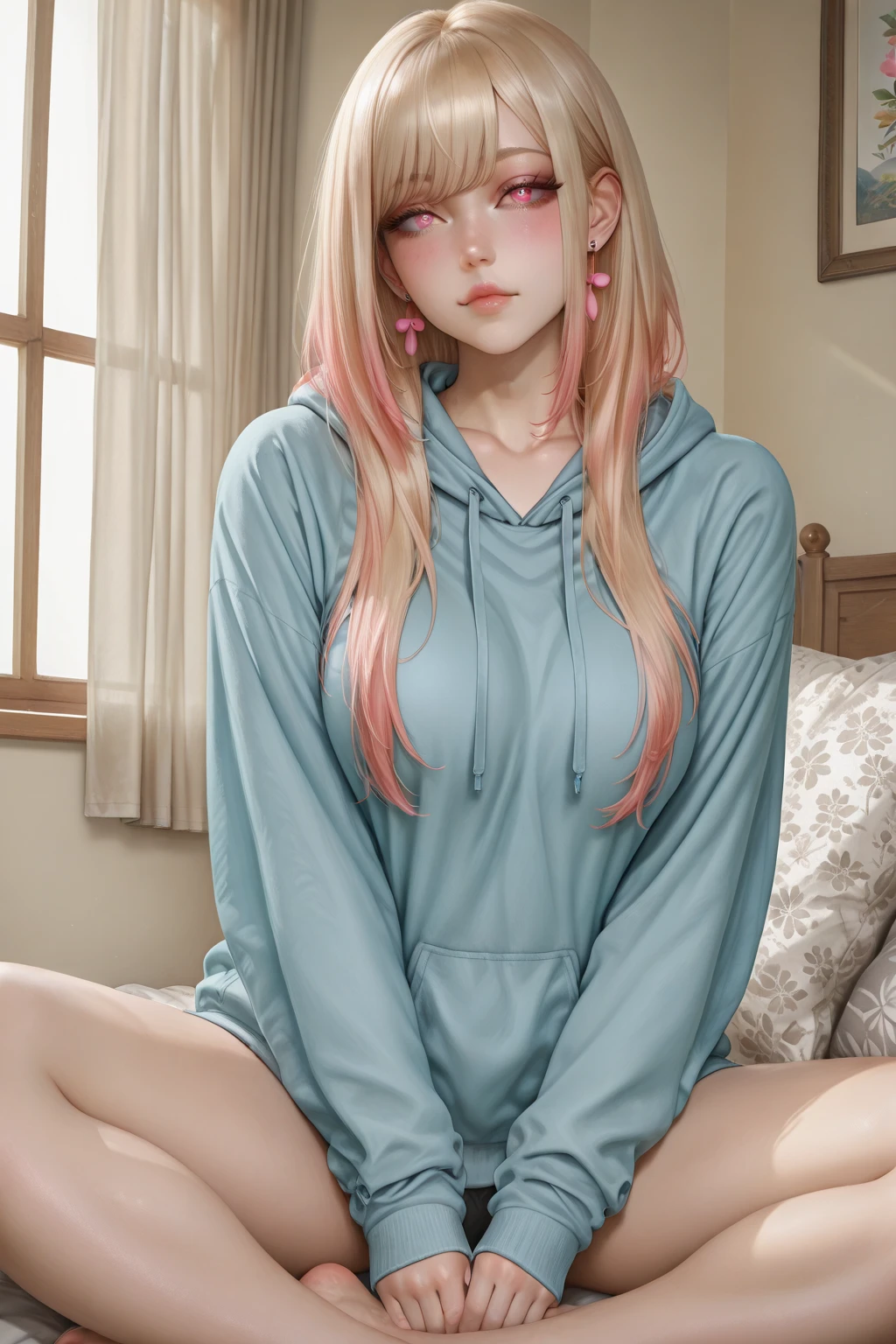 1girl in, Solo, Solo Focus, Cowboy Shot, Portrait, oversized hoodie, Aqua green and white hoodie, Half Aqua, Half Green, ((Brown hair)), (Yellow hair), (Gradient Hair :1.5), Curly hair, ((Pink eyes)), ultradetailed eyes, asa, (Caramel Black Skin:1.1), Best Quality, Ultra-detailed, White background, Simple background,White panty、