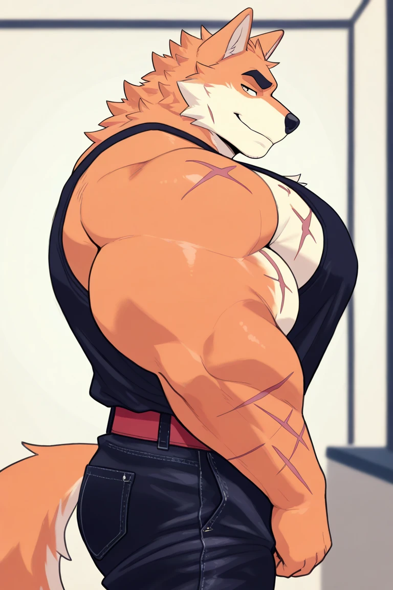 Wolf, By Haps, 1boy, abs, animal ears, bara, bulge, full body, white background, Seminude, Boxers, Run, side, profile