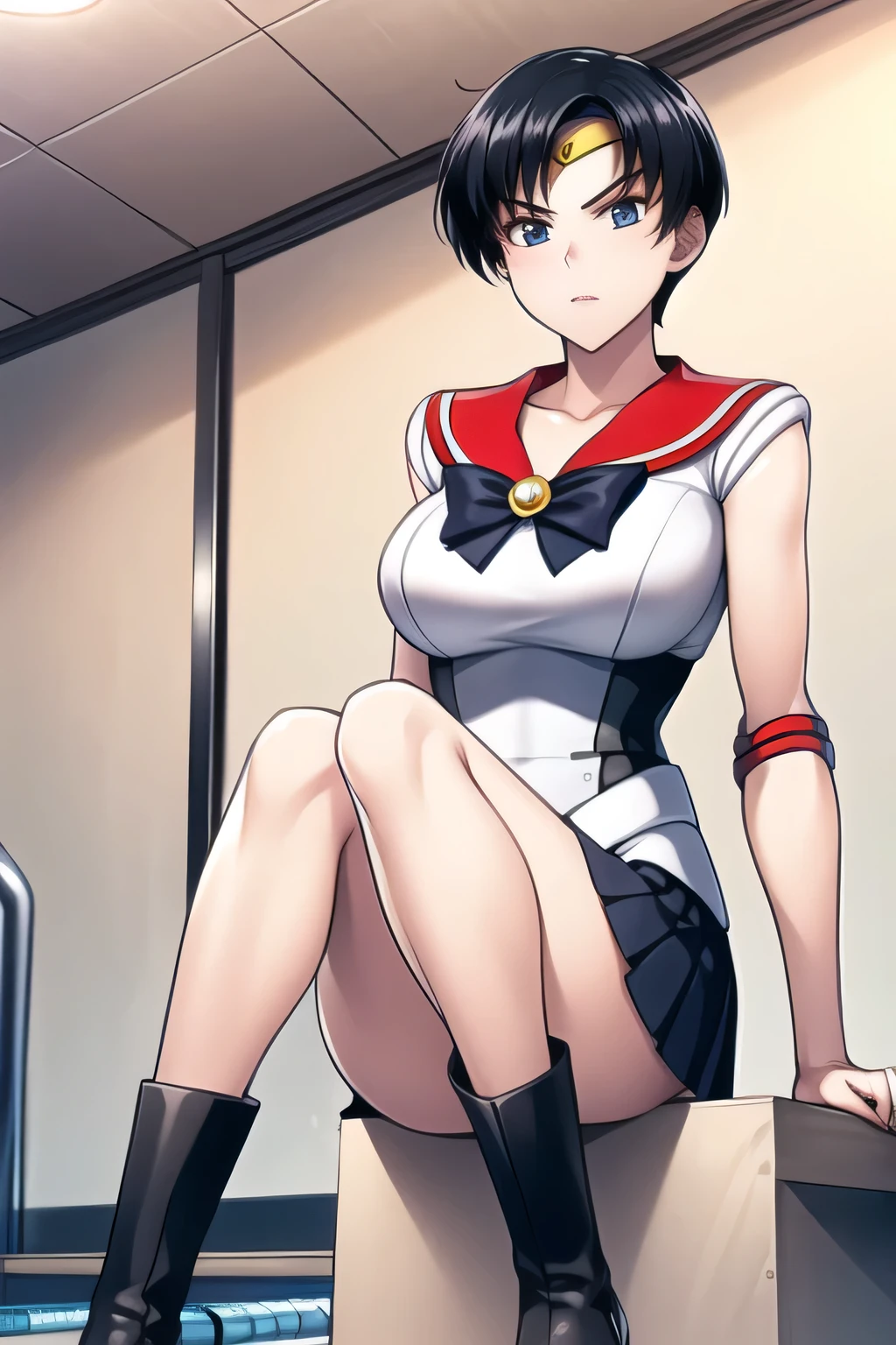 black hair，sailor moon costume posing，Thigh to Head，Black pleated micro mini skirt around the neck，black boots，beautiful legs，big boobs，big boobsでもウエストが細い，Please accurately draw the details of human hands and legs，Don't trim your face because facial expression is a top priority，I am alone，I'm at an outdoor pool facility，standing in the teacher's house，from below，