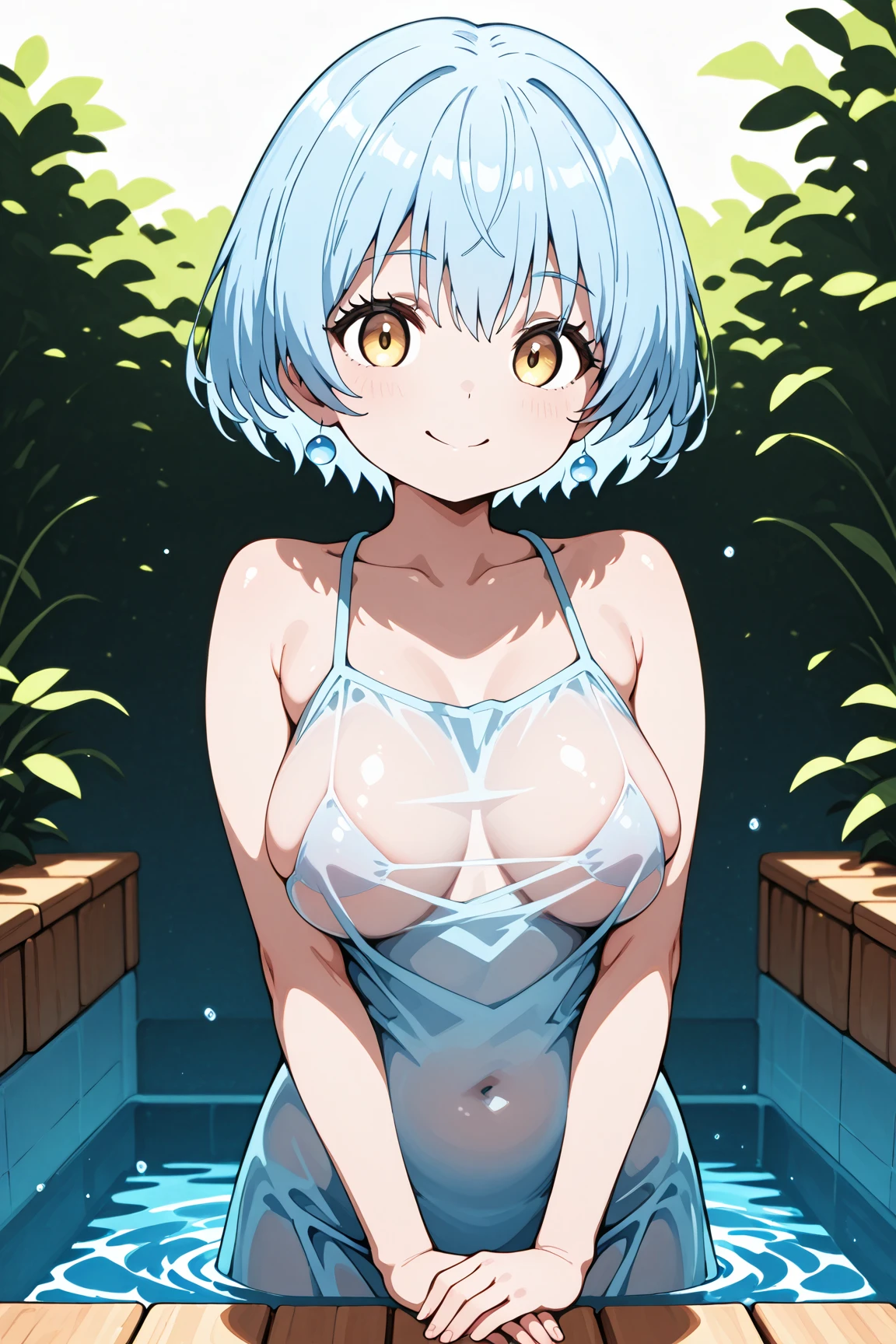 Girl with short green hair, The chest is medium, Green Eyes, 、(((tits))),Full body photo from head to toe、(())、((nude))、、All fours pose、Place both hands on the ground、get wet with a lot of water、Blushing、Embarrassed、、Peek into、valley、Lean forward to look here、valleyを強調,、Looking up、Confused eyes、Hurray、Slut
