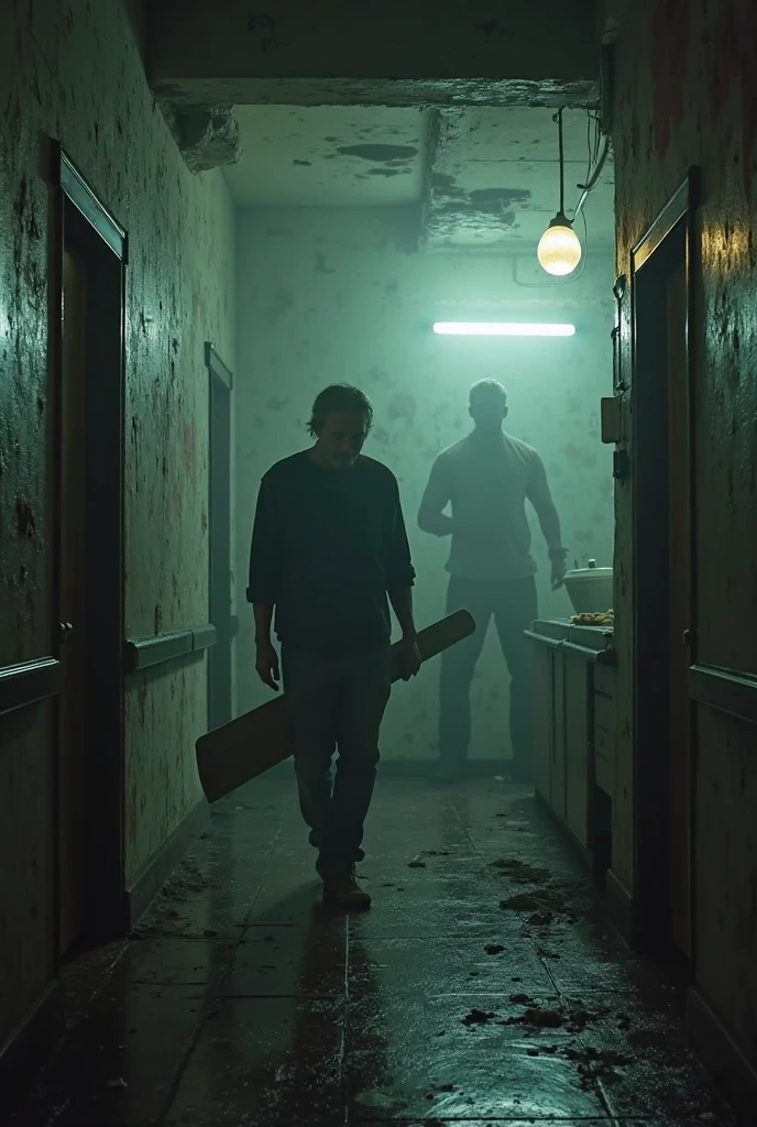 Abandoned hospital, man with a knife in his hand finds a zombie in front of him as he leaves the supply room 