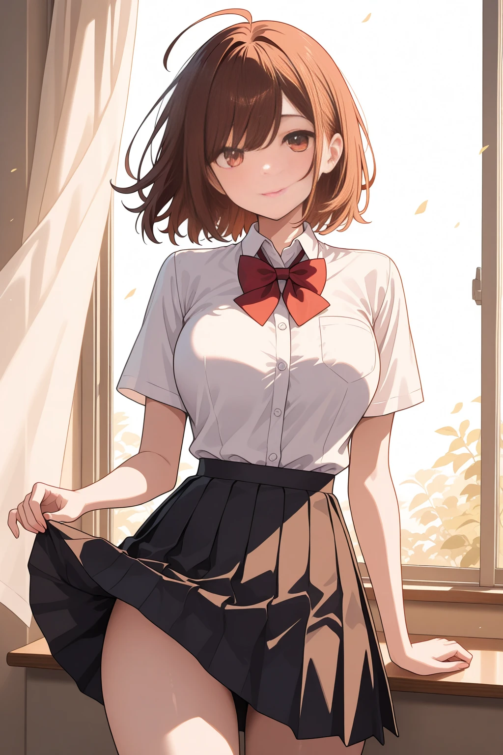 masterpiece, High resolution, high quality, Very detailed, Red mini skirt, Black Ribbon, White shirt,White panties