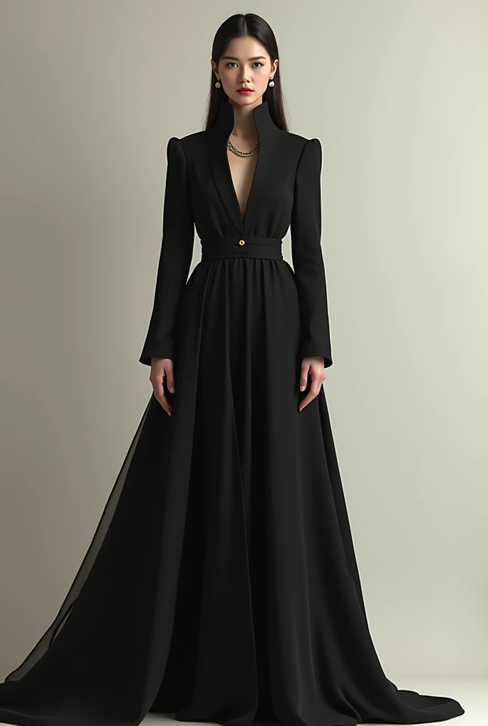 neck covered dress  full hand black dress facing front , bold eyes , a female  anchor