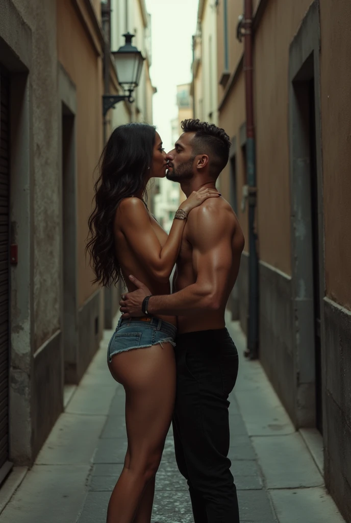 women, lovely, naked, hombre besando un pecho de la women, on the street