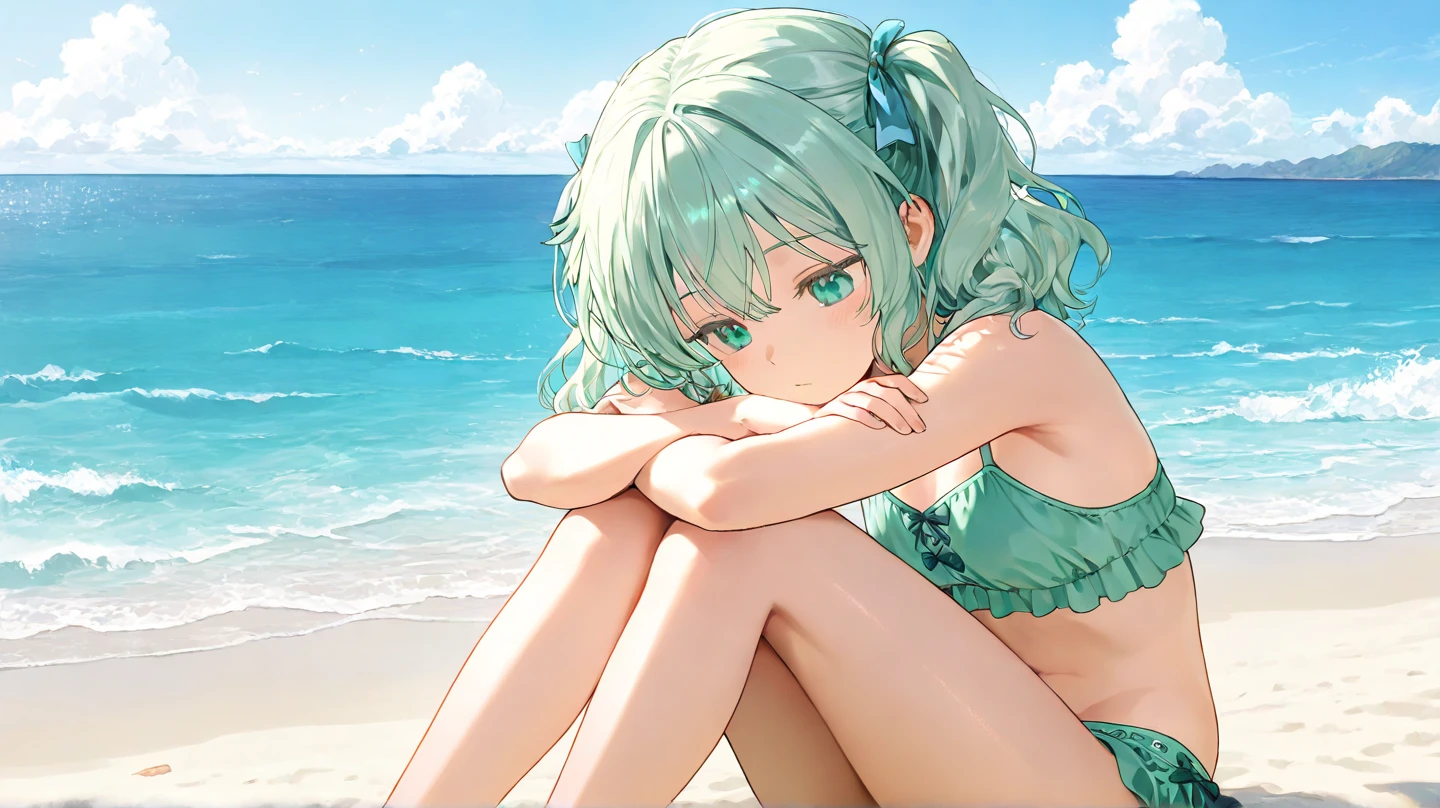blush,Light green bikini,Konpaku Youmu,Sitting flat,Sandy Beach