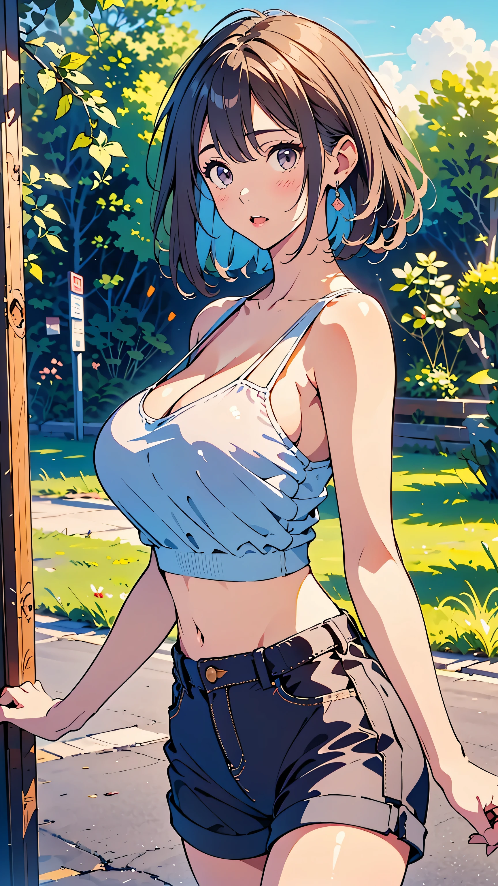 1female，45 yers old，Married woman，熟妇，mature，plum，very big boobs，big chest and thin waist，long leges， 独奏，（Background with：at a forest，lotus flower，ponds） She has short black hair，bobo head，，seen from the front， Stand deep in the forest， The sky is mostly cloudy，（（（tmasterpiece），（Very detailed CG unified 8k wallpaper），Best quality，电影灯光，detailed back ground，美丽细致的眼睛，Bright pupils，黑The eye，Snow-whiteskin，Redlip（Very delicate and beautiful），（Beautiful and detailed eyes description），ultra - detailed，tmasterpiece，））facing at the camera，A high resolution，ultra - detailed），Expose breasts exposed，Bare genitals，  convex，legs are open，Raised sexy，Camel toes，longing unsatisfied，street frontage，Construction workers（dressed in：Oversized，drooping chest，nakeness，hardhat，blue overalls，Sci-fi Future）