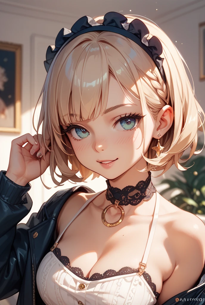My body is wet with water。My whole body is soaked.。you are a cat in heat。 cats walk on all fours。put your palm on your chin、put your elbows on the ground。 (Best Quality, hight resolution, masutepiece:1.2), Ultra-detailed, Realistic:1.37, left gold hair、 Inwardly curled short bob hair,Hide one eye with bangs 、Sleepy eyes, Beautiful detailed eyes, Beautiful detailed lips, Smile, Choker, Woman、She has a very large and beautiful bust、frontage、put big boobs on the ground、lie down on your stomach、lift your butt very, very high.、Forward leaning position、Like a cat;s yawning pose、raise your butt above your shoulders、lower the upper body、Full body show、open your mouth very, very wide。Elegant and questionable tights。