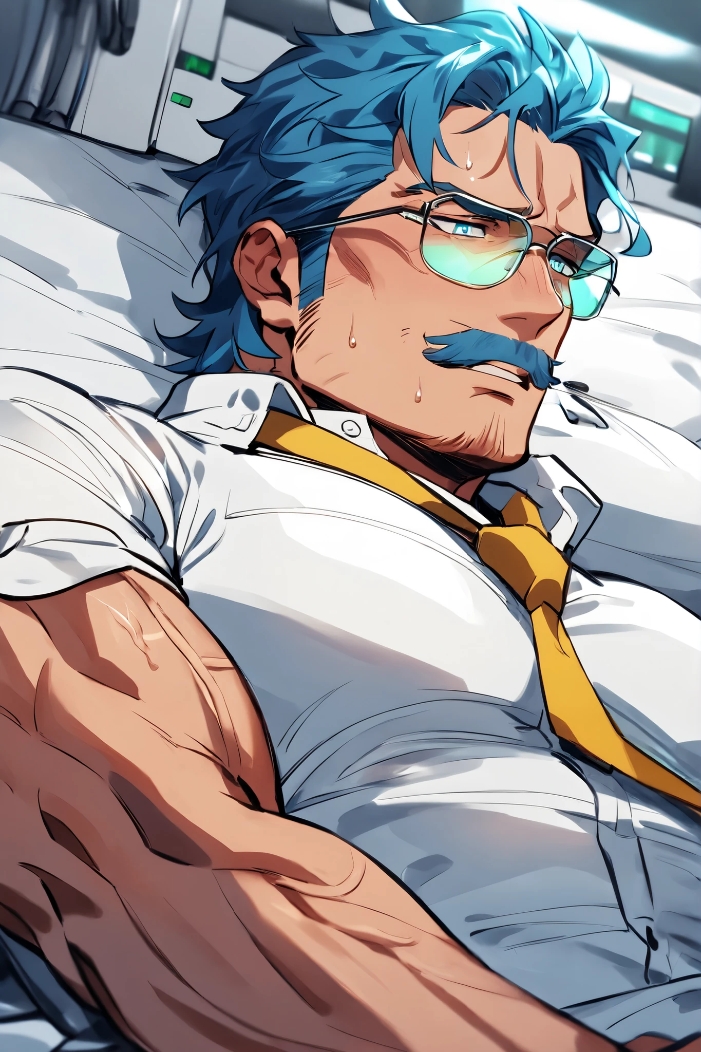 A middle-aged hospitalized mafia boss man, he got a bad case of heatstroke, he is hospitalized patient, Detailed face, Captivating look, moustache, Masculine face, Muscular body, Prominent veins, wearing white shirt and yellow tie and dark bule pants, blue hair, aqua color eyes, sunglass, lying down on the bed in the hospital at midnight, 1 male, A lustful look, he is suffering from high fever, his right arm is machine, He has an IV in his left arm, sweaty body, His cheeks were flushed from a high fever