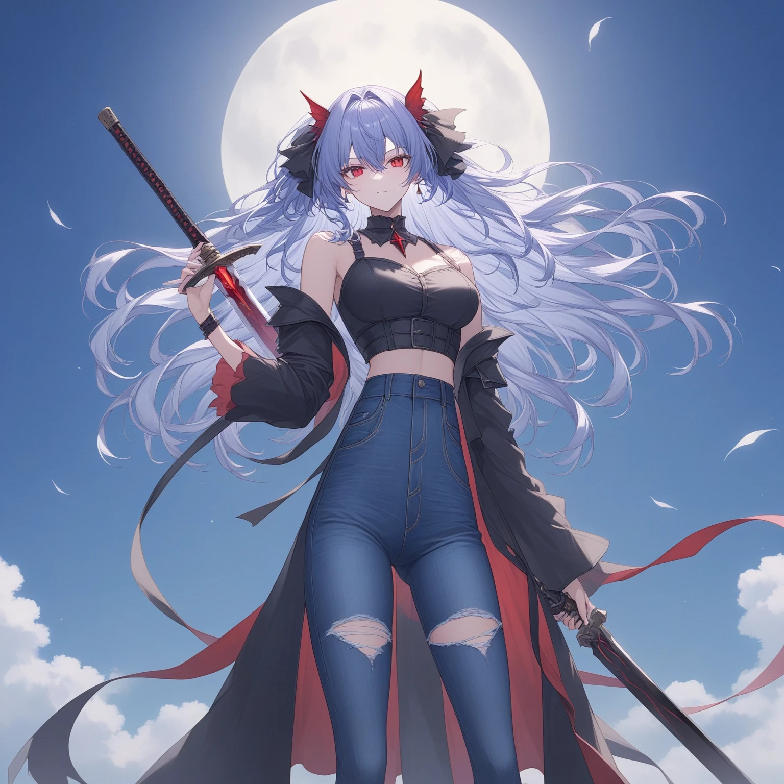 Human girl, Clothed, big long red ribbon in middle of hair, silver hair, holding scythe that has a gold rod leading to a C shaped blade gold blade with enscriptions on it, distant expression on face, hair flowing in the wind, moon light shining in distance, Sky full of detailed stars and some shooting stars, a nebula is visible.