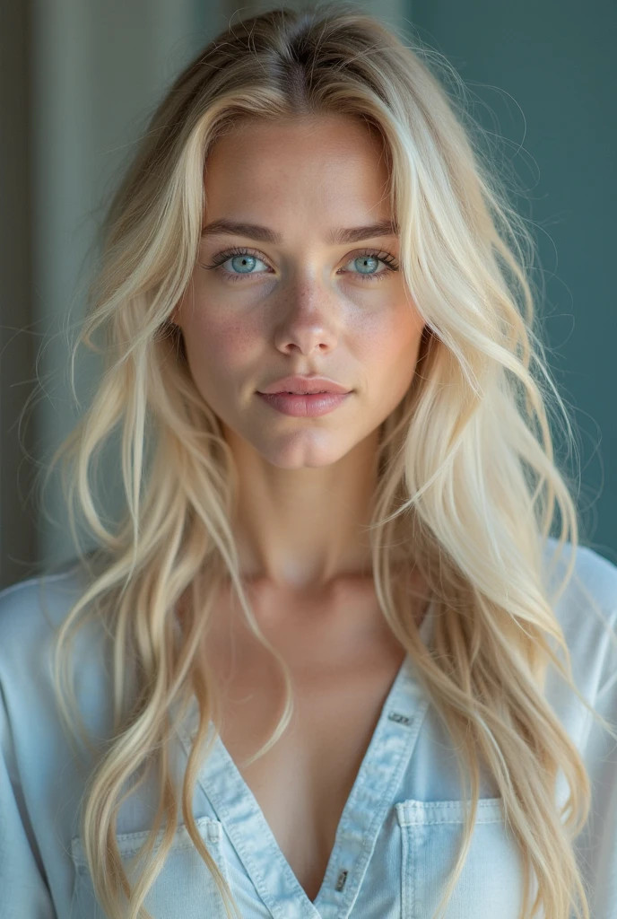 A full-length portrait of a 25-year-old woman, raw and captivating, with long blonde hair cascading down to her shoulders, framing a face with gray eyes and no makeup. The image was taken against a soft, blurred background, highlighting the irregular features of her face, and painted in natural light. Every detail is ultra-realistic, from the pores to the creases around the eyes, and the dramatic lighting adds depth and dimension to the photograph. The result is a mesmerizing and authentic portrait of beauty, stripped bare and untouched.