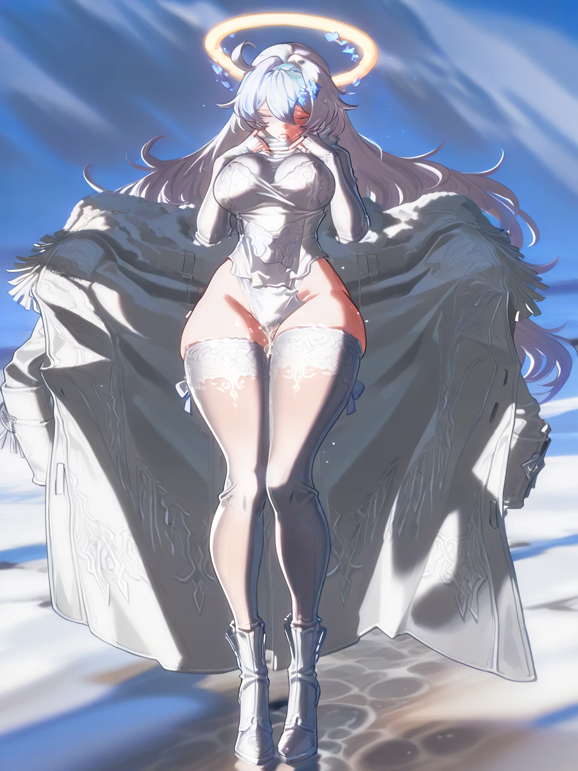 Masterpiece, High quality, High quality of art, anime lineart, 1girl,white hair, black eyes, white eyebrow, red eyeshadow, Tall, big hips, big chest, very blush, white hearts in eyes, in future base, looking at viewer, smile, white skin,In the base of the future somewhere in Antarctica, white fur coat