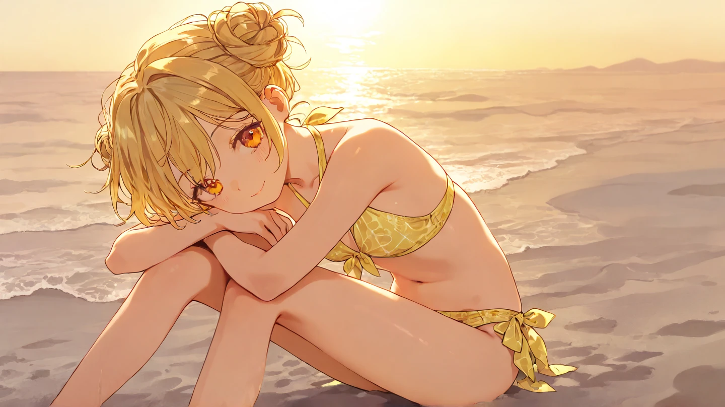 1boy, from above, lying down, open arms, red gem on forehead, meditating, medium breasts, very short hair, dark-blonde hair, closed eyes, yellow bikini, seafloor, masterpiece quality, ultra HD, 4K, best quality, 