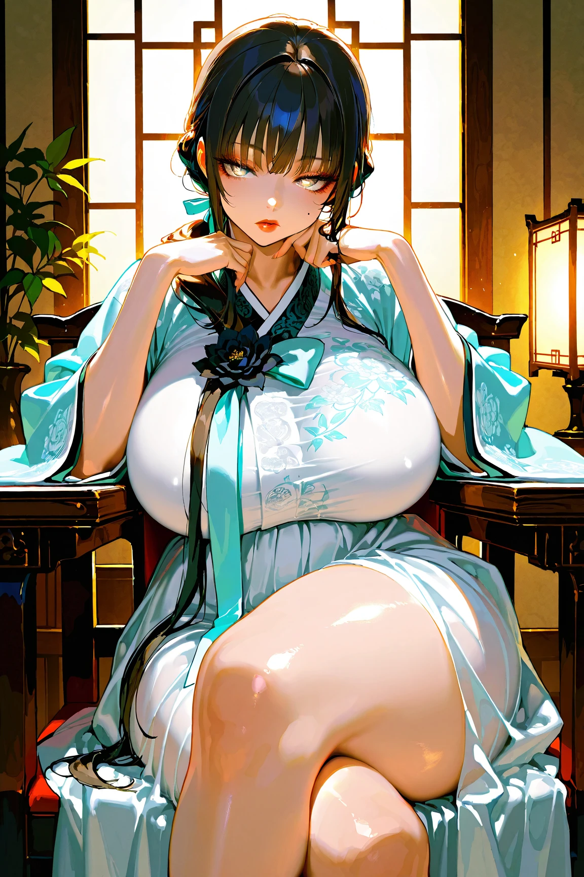 High resolution traditional ink drawing, Hanfu, Realistic big eyes, Huge breasts, plump breasts, Perfect body, thin waist, muscular thighs, perky buttocks, Smiling, legs spread, Stand with legs crossed, Buttocks touching the edge of the table, pubic hair, Large areola, gender, Intense mating, Retro fashion, open mouth，Completely naked，lotus bellyband，spread legs，Squat in a chair，corncob inserted into vagina，touch chest with hands，Breasts gushing milk，Doggy Style，Open your hips with both hands，Touch the vaginal opening with your hands，bend over,Lying with head down,Turn over on the table,Prostrate,,Thick Ass,A tight skirt wraps around the hips,widest hips,Thick thighs,Protruding ass, bend over,