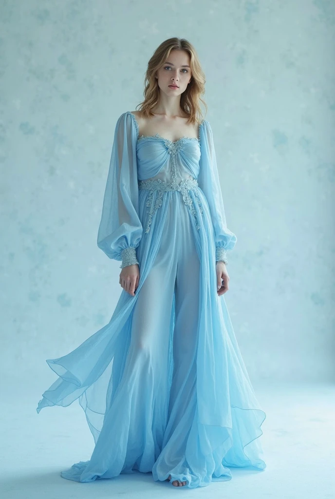 Blue dress with sleeves up to the forearm, with loose skirt to the knee