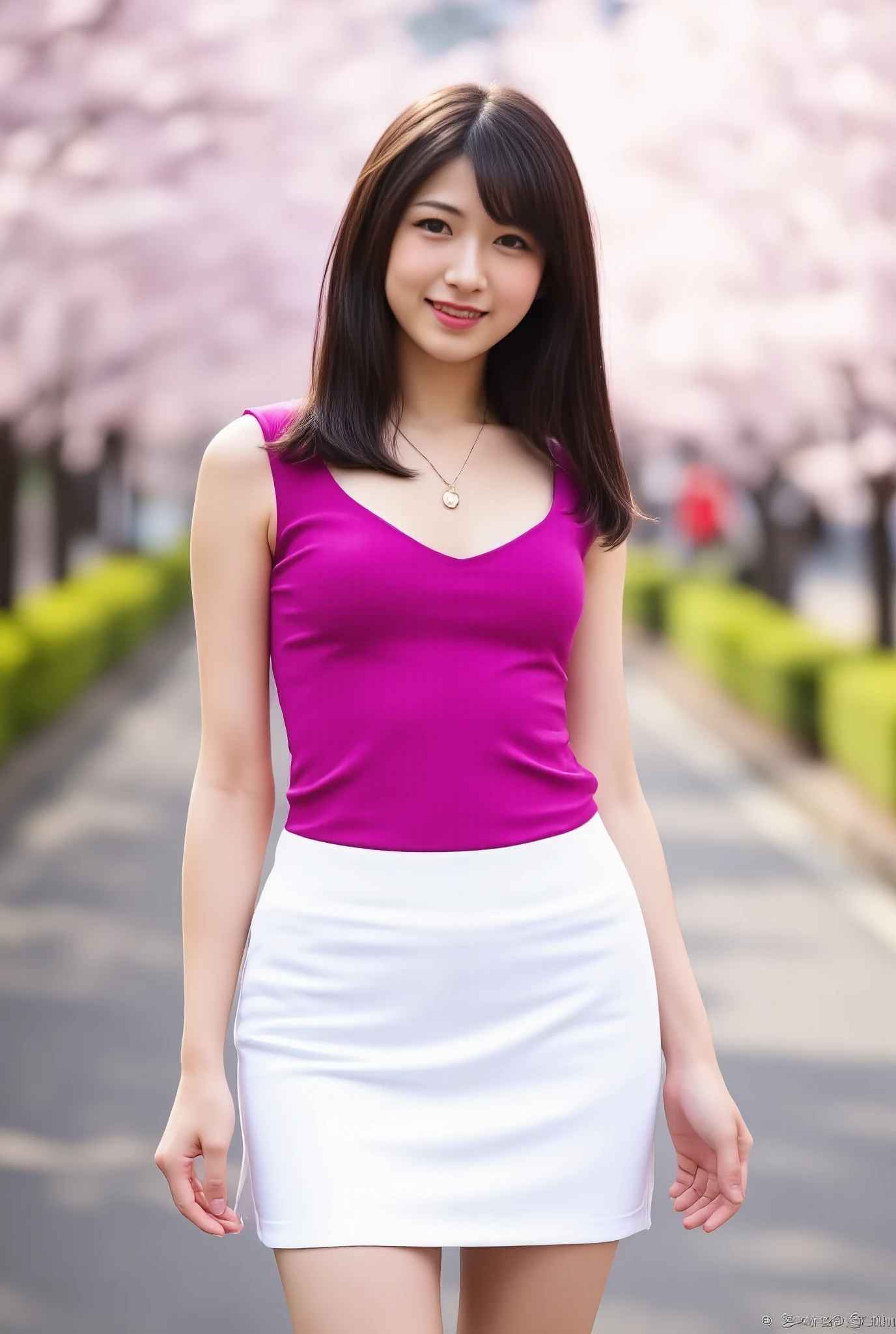 4 Japanese women in their 20s,The 4 prettiest women,4 people walk side by side through cherry blossom trees,4 stylish, supretty-looking women with a thin waist,bust 88 cm,F cup,Nipples are not visible,I won't show,hide,deep v-neck,Magenta sleeveless top that fits the body line,Unflinching,white pretty short pencil miniskirt with slits,Short miniskirt that fits the body,Beige high heels,Figure wearing stilettos,Long Hair That Extends to the Chest,model hand ,Beautiful mature woman with red lipstick,Wear accessories on both ears,Gold bracelet on left wrist,gold necklace on the chest,Smile Yan,looking at the camera,stare,high res,top quality