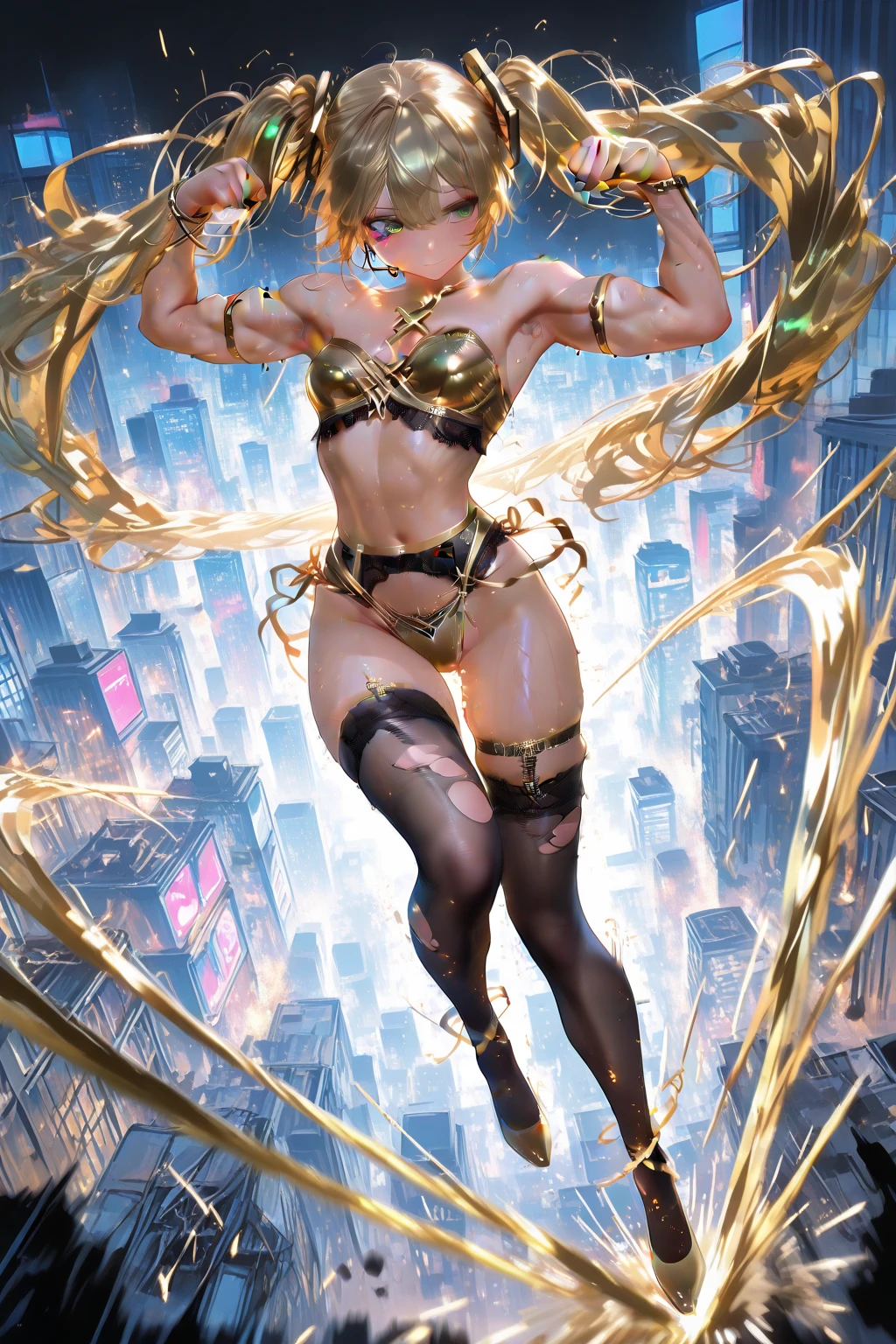 A giant girl in a city wearing golden bras and torn golden underwear