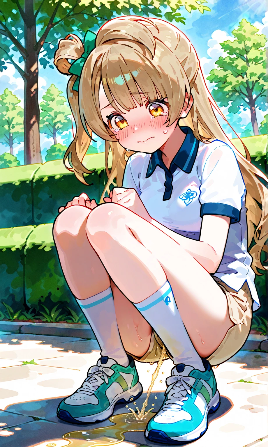 masterpiece, score_9, score_8_up, score_7_up, best quality, uichan, white shirt, bionde, green eyes, flat, Dark blue dress, Red bow, Pigtails, hair Pom pom, On the train, Molester、school yard, field, full body, Eyes are hearts、Primary school students, Shiny Hair, Highest quality、skirt open、Cute pose、blush、Watery eye、Sex、Creampie、vaginal penis, missionary, saliva trail, (orgasm), Drooling pulls a thread、Semen overflowing、A lot of semen、Violent Rape、(Trembling)、1boy, intercourse with a man, Insert the big penis、((uterus at viewer penis inserted into pussy from cross section looking through))