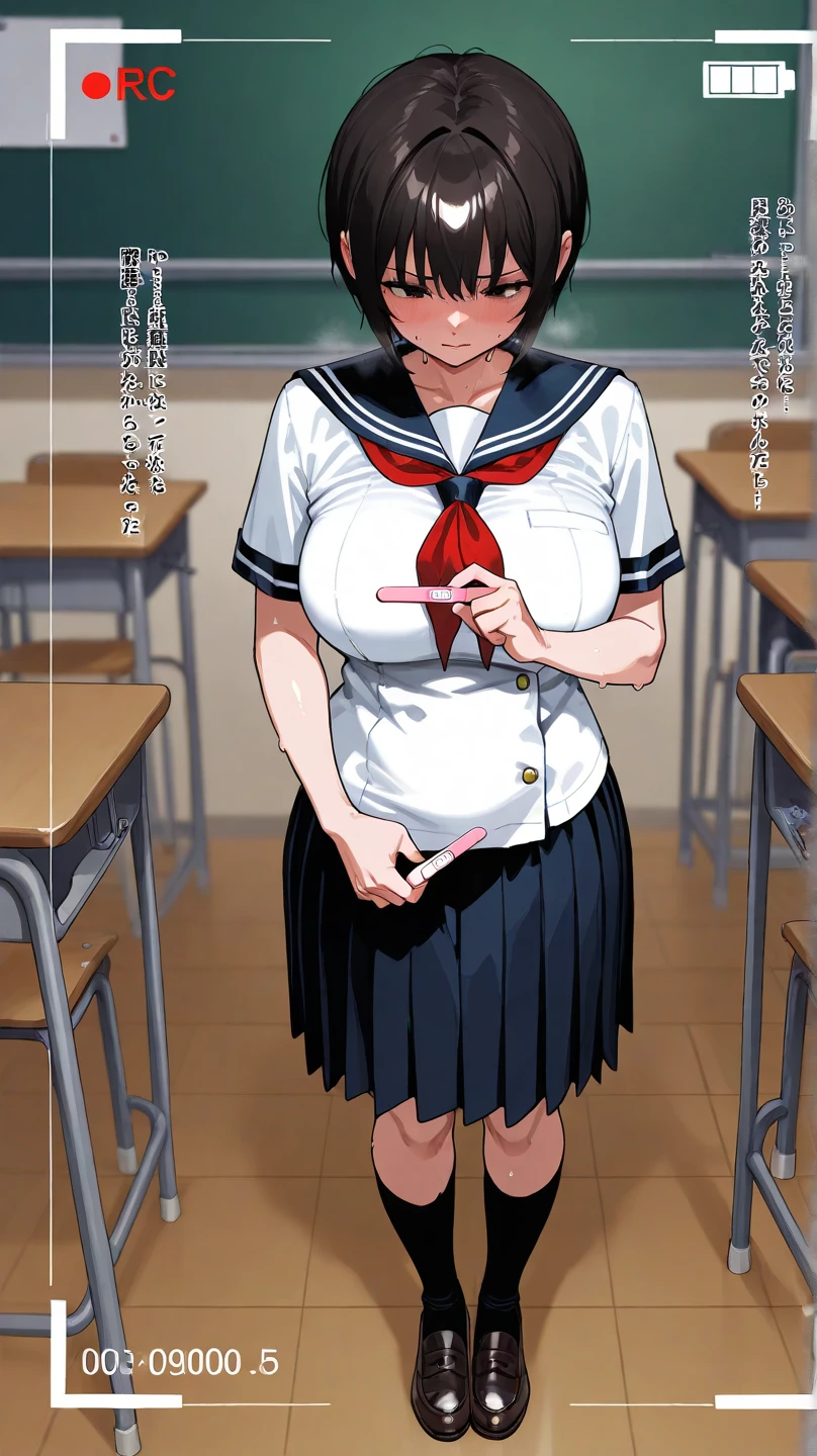 score_9, score_8_up, score_7_up, score_6_up, score_5_up, score_4_up, BREAK, source_anime, anime screencap, anime coloring, Japanese stiff-looking beautiful female teacher, beautiful large black eyes, huge breasts, sagging breasts, dark large_areolae, hourglass body shape, 36 years old, black hair, short bob hair, asymmetry_bangs, forehead, hair behind ear, Wears glasses, slingshot swimsuit, zettai ryouiki thighhighs, pubic hair, teaching in front of the blackboard , holding a chalk and a textbook, smile, classroom