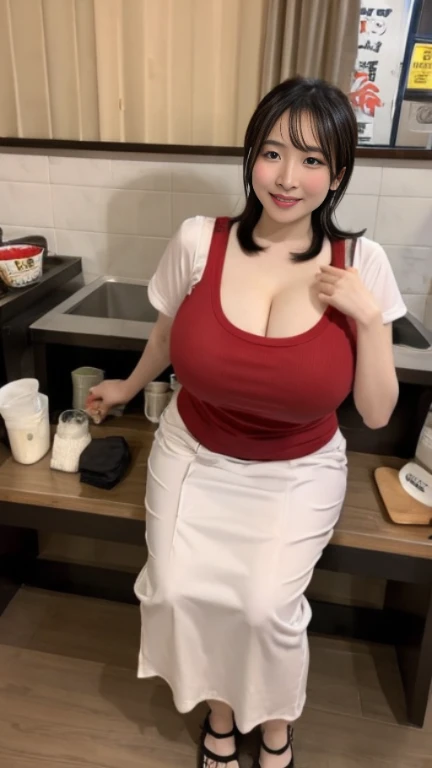 (hyper-realistic), (illustration), (high resolution), (8K), (extremely detailed), (best illustration), (beautiful detailed eyes), (best quality), (ultra-detailed), (masterpiece), (wallpaper), (detailed face), solo, (dynamic pose), 1 girl, in the kitchen, wavy hair, Korean, ((naked apron)), (huge breasts), (black stockings), (no panties), (no bra)