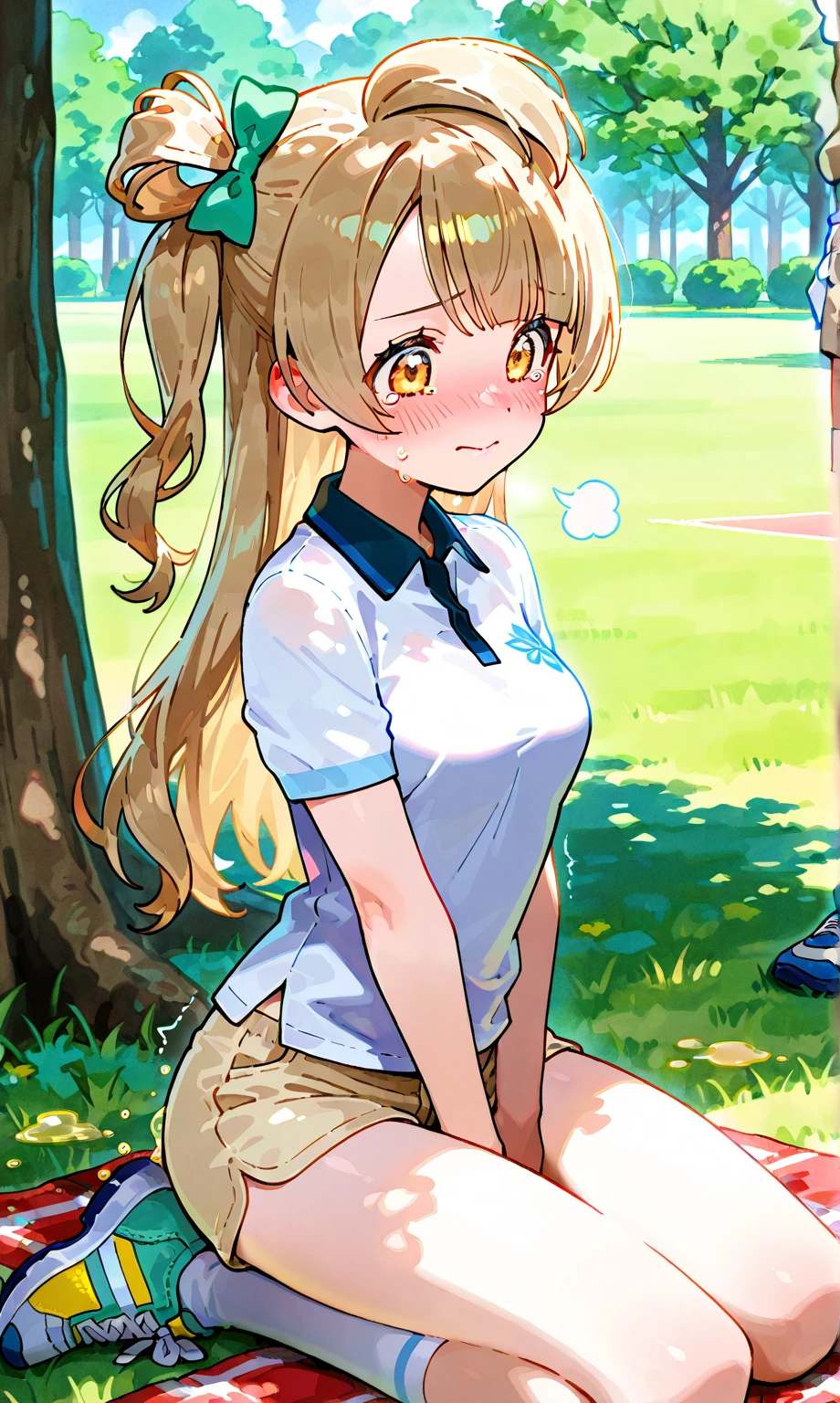 White shirt, track pants, (blushing face:1.2), smiling, cowboy shot, park background