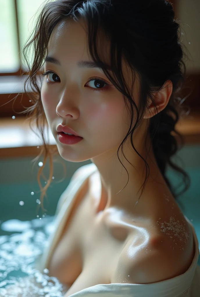 woman taking a bath,bathroom,naked,Face similar to Jing Tian, hair tied,Cleavage and thighs are visible,Cool and calm,ultra realistic,ultra detail