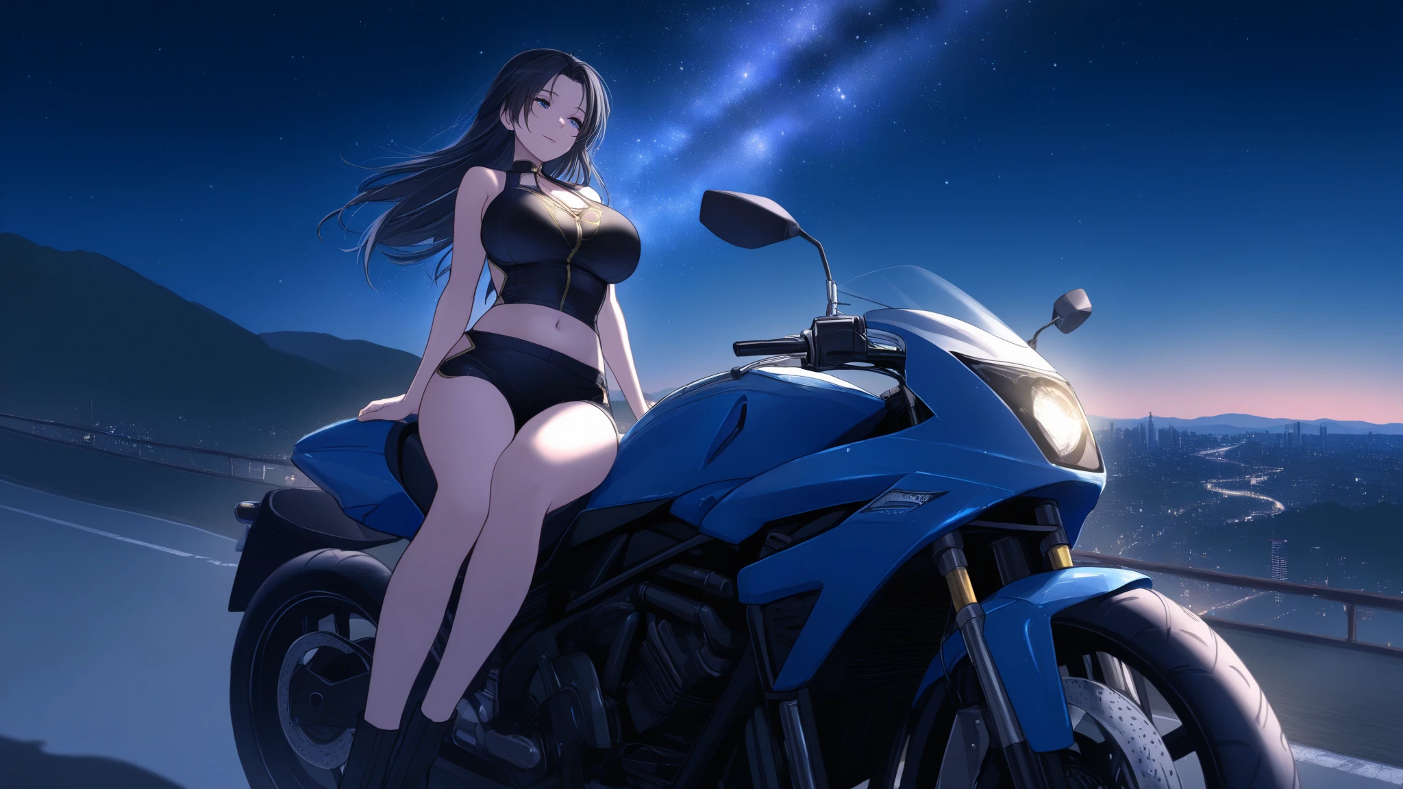 masterpiece, best quality, very aesthetic, absurdres, 1girl, mature_lady,naked_shirt,,boa_hancock(one_piece), black_hair, hime_cut, large_forehead, snake_earrings, blue_eyes,,in recreational machine hall,floating_clothes,