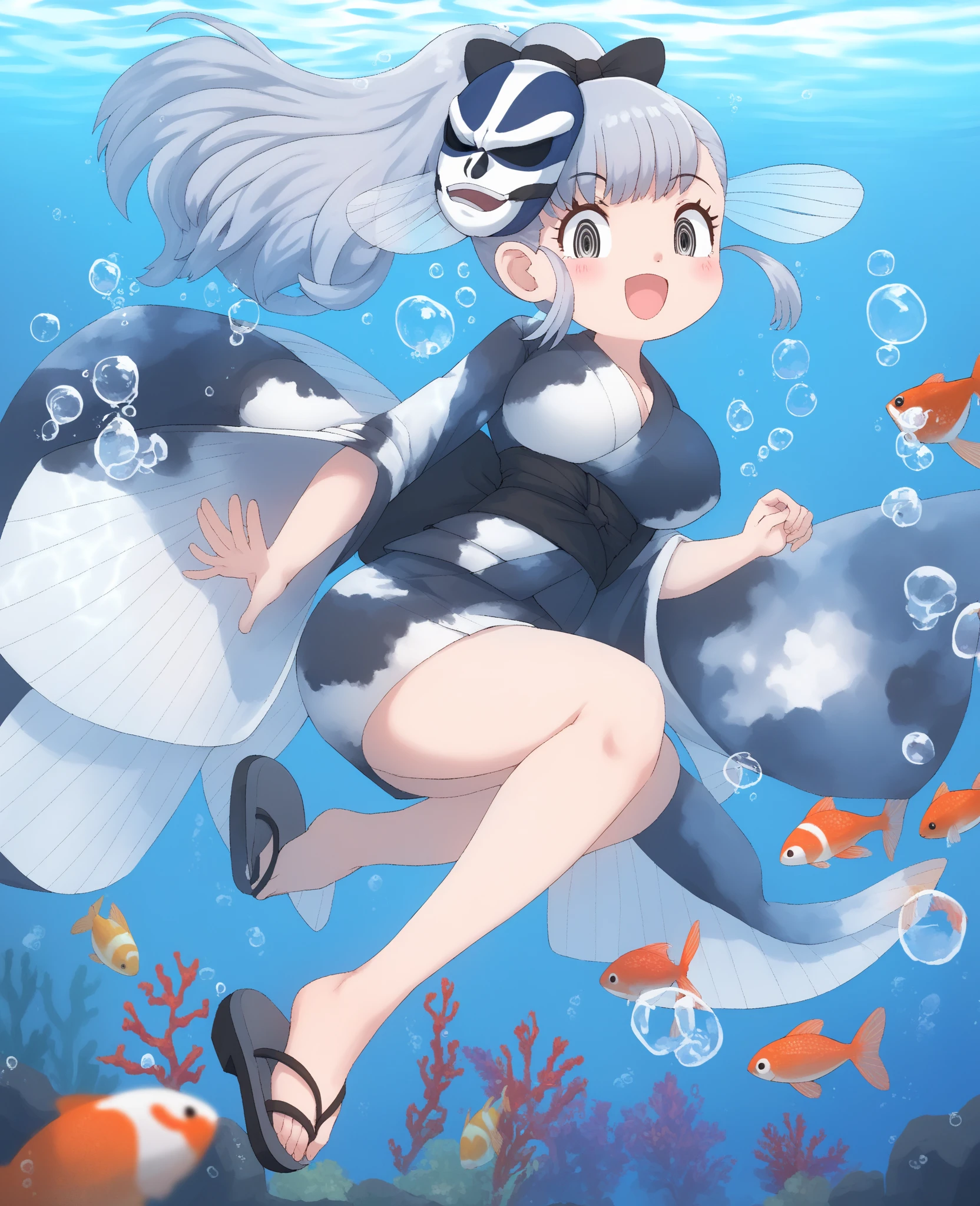 Girl with braid hair, looking at view, transparent shirt and bottomless, underwater in the sea floor with a bunch of fish swimming in the background