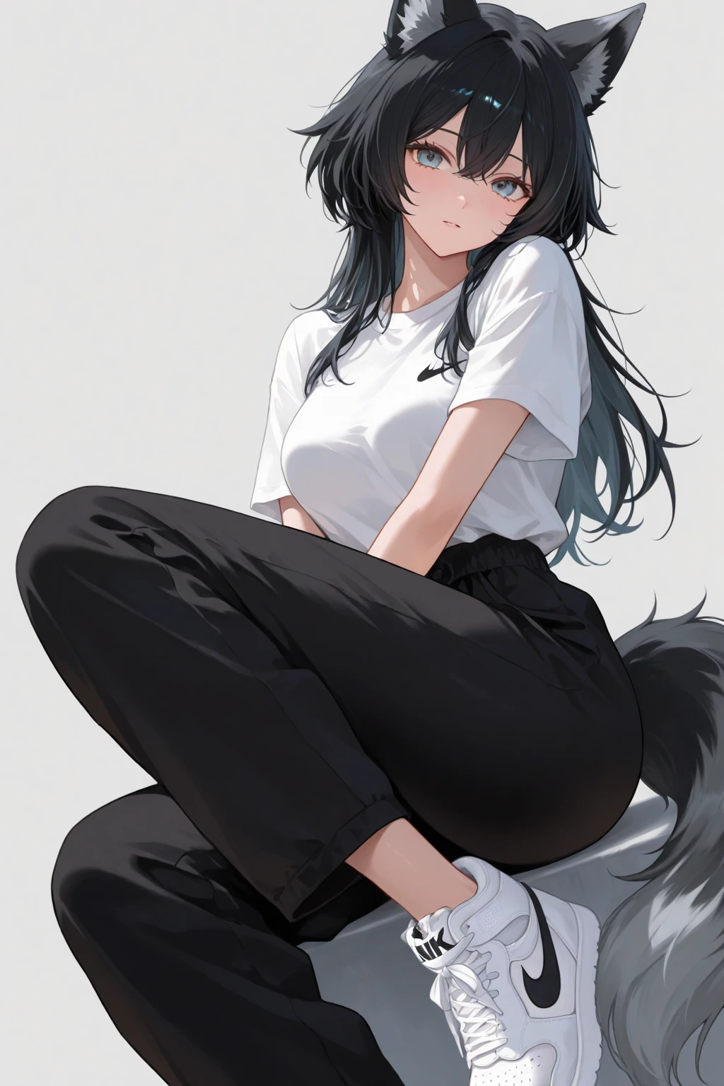 girl with cat ears and tail dark black hair short jeans. white cropped t-shirt .sitting with legs open .and hands on the floor