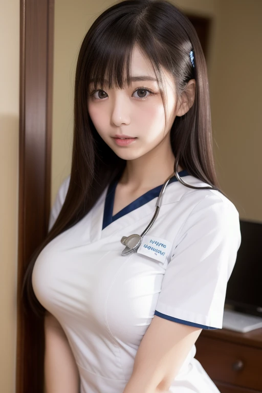 (8k, Highest quality, masterpiece:1.2), (Realistic, photo-Realistic:1.4), Very detailed, From below, Fisheye Lens, beautiful nurse looking into the viewer with her face close, The most beautiful Japan people, Cute smile, Hunchback, Nurse uniform, The chest is open, Name tag, Stethoscope, Hospital room, mini skirt, From belowのアングル, Updo, Thin legs, White skin,Squats on your stomach, Cleavage