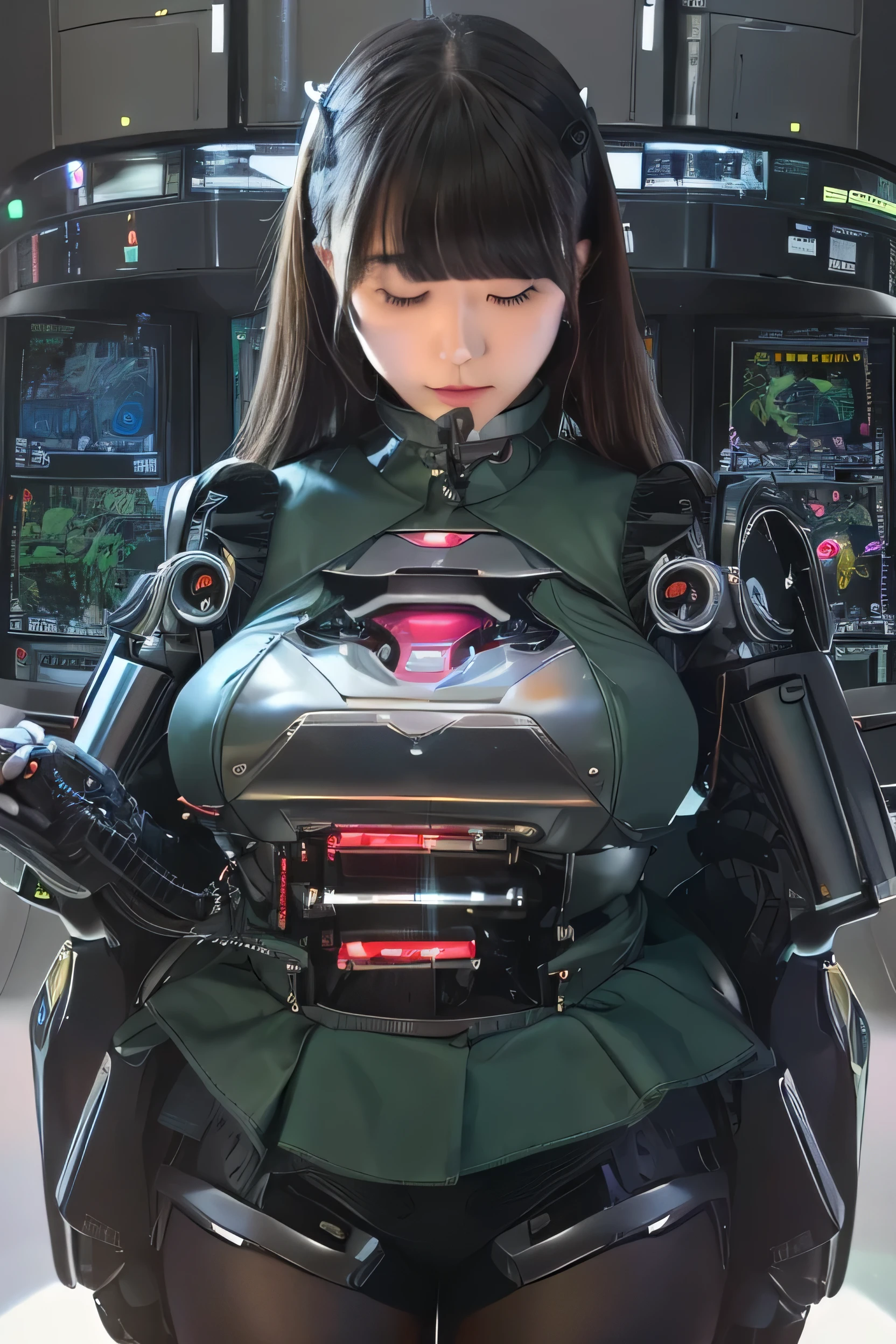 top-quality、​masterpiece、超A high resolution、(Photorealsitic:1.4)、Raw photo、女の子1人、Black hair、glowy skin、1 Mechanical Girl、((super realistic details))、portlate、Global Illumination、Shadow、octan render、8K、ultrasharp、Colossal tits、Raw skin is exposed in cleavage、metals、Details of complex ornaments、face perfect、Gothic Lolita details、Analog Meter、Hydraulic cylinder、highly intricate detail、Realistic light、CGSoation Trends、green colored eyes、radiant eyes、Facing the camera、neon details、Mechanical limbs、blood vessels connected to tubes、mechanical cervical attaching to neck、sitting on、Wires and cables connecting to the head、Small LED lamp、Image of AI、The background is the server room、TOKYOcty、jpn、
