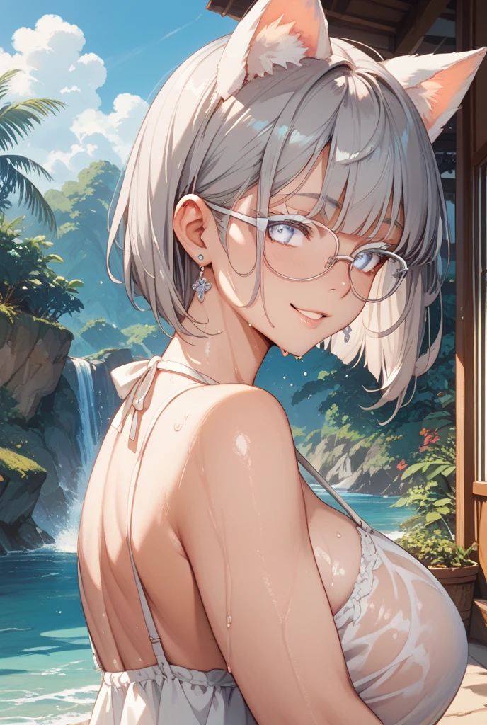 Girl with short white hair and blue eyes with glasses, without a bra and without panties naked in a swimming pool showing her breasts and pussy